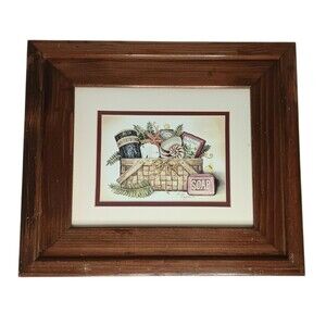 Vintage Laurie Korsgaden Bath Gift Basket Print #2 Matted Brown Wood Frame 14x12